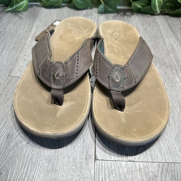 OluKai Men\'s 12 Rum Brown Nui Leather Beach Slide Sandals Casual Summer main image 8